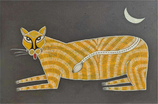 Fearless — a striped golden cat lying at rest under a crescent moon on a grey ground