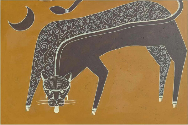 Powerful — a long grey patterned cat stooping to drink beside a crescent moon on ochre