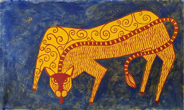 The First Roar — a golden tiger with swirling patterns bowing its head against a deep blue ground