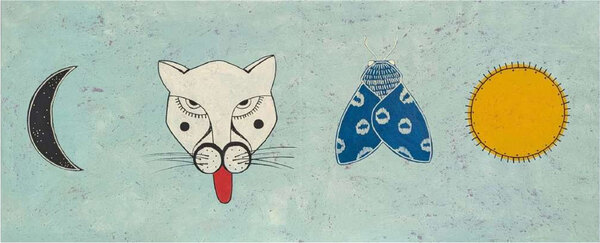 Tiger and Moth — a crescent moon, a cat’s head, a blue moth and a sun in a row on pale blue