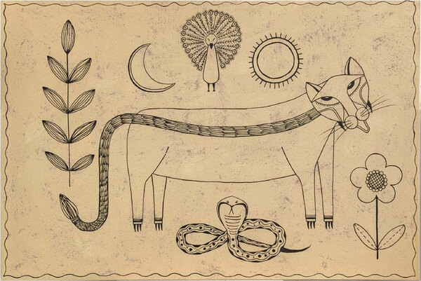 Waghoba — a line-drawn tiger among a snake, a flower, a sun and a moon on aged paper tones