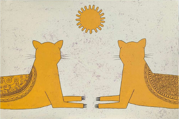 Watching the Sun — two golden cats seen from behind, sitting side by side beneath a small sun
