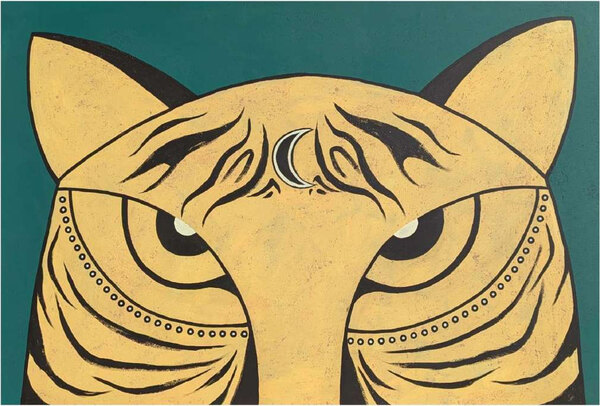 Wild — a tiger’s face filling the canvas in close crop against a teal ground